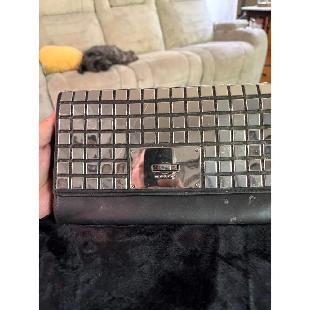 Michael Kors Black Leather Studded Clutch Bag Silver Square Studs Turn Lock